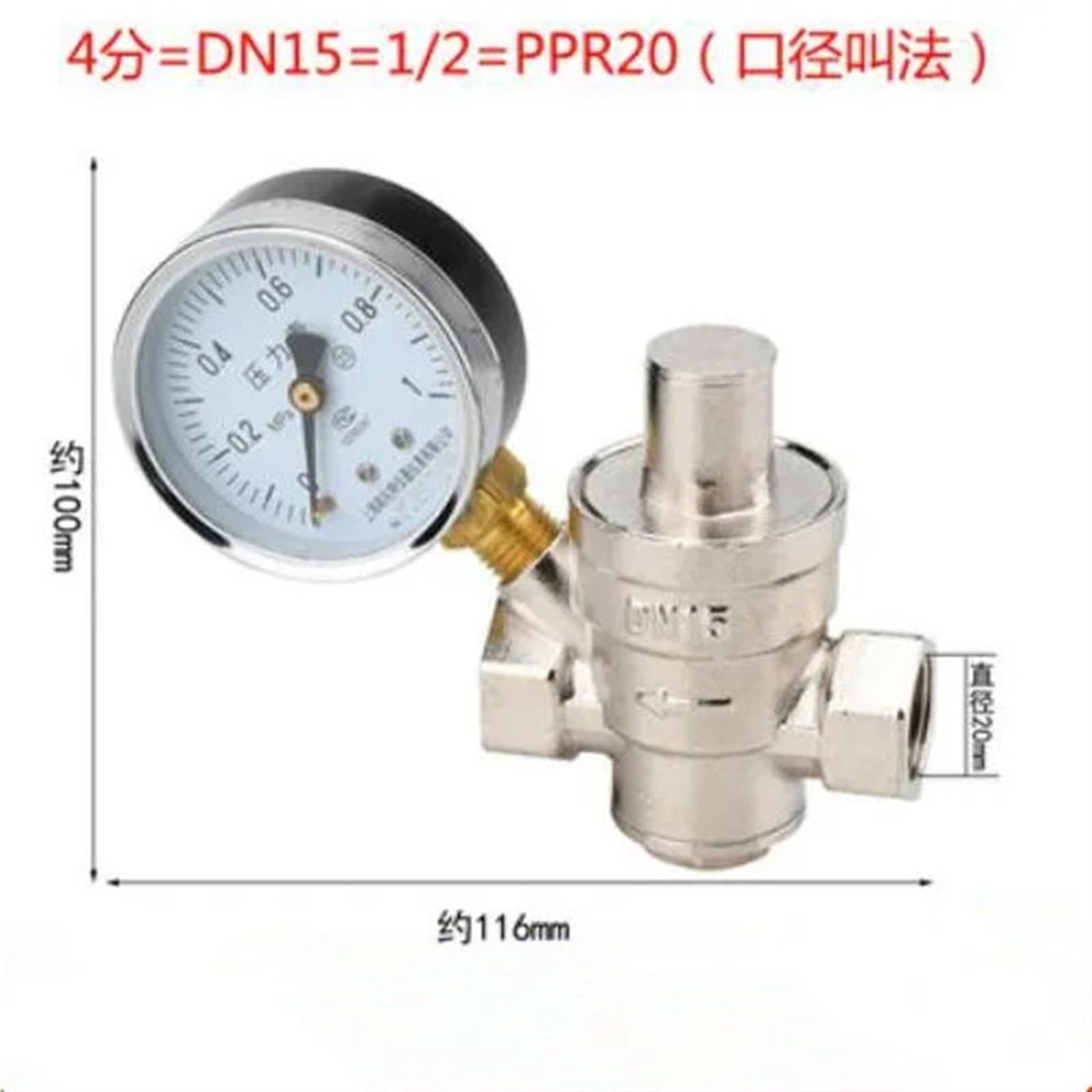 Válvula Reductora de presión, 1 válvula Reductora de presión Agua Hembra Varios tamaños(1/2" with Gauge)
