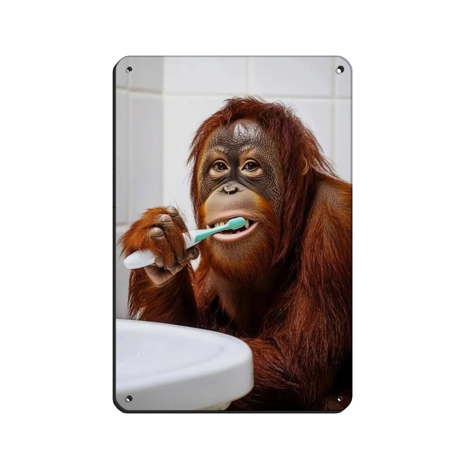 Orangutan Brushing Teeth, Funny Bathroom Art Tin Sign Vintage Metal Pub Club Cafe Bar Home Wall Art Decoration Poster Retro 8x12inch(20x30cm)