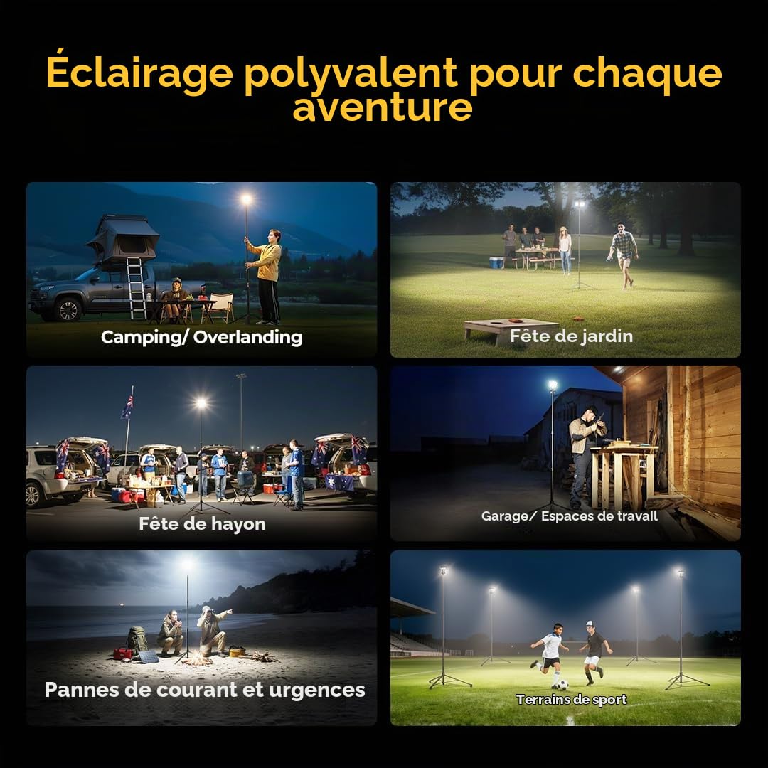 BougeRV Lampe Camping CL03, Autonomie 7–90h, Télescopique 2,3m | Lanterne Rechargeable 8000mAh, Projecteur de Travail 3200lm, Éclairage Extérieur pour Overlanding, RV, Chantier et Garage
