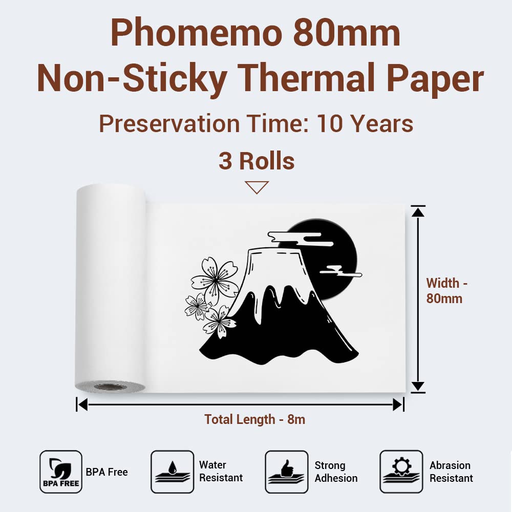 Phomemo Nieklejący biały papier termiczny 80mm (3,15 cala) do drukarek M03/M03AS/M04S, 80mm x 6.5m, 10 lat konserwacji, czarny na białym, do naklejek, pamiętników, tekstów, notatek naukowych, 3 rolki