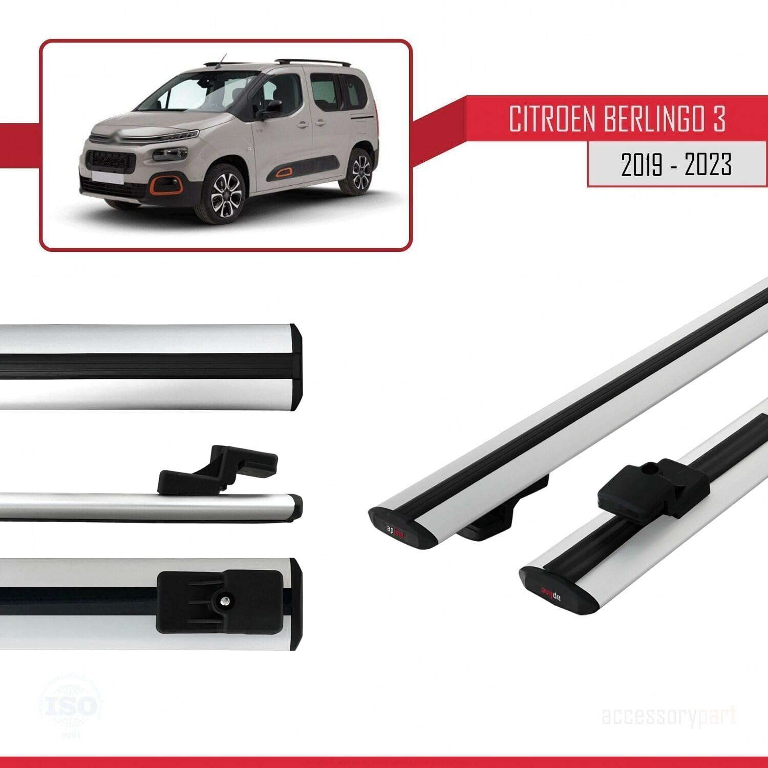 Kompatybilny z Citroen Berlingo 3 (K9) 2019-2022 BASIC Model Aluminiowy bagażnik dachowy 2 poprzeczki, szary
