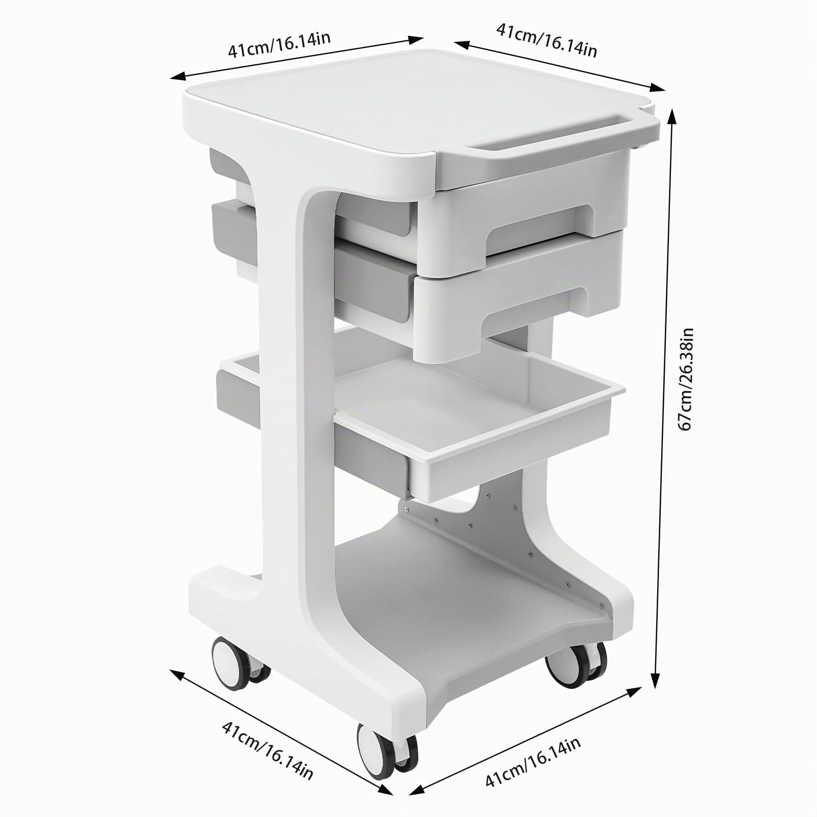 Carrello medico con 2 cassetti 41x41x67cm, carrello per salone di bellezza, carrello cosmetico, capacità di carico 50kg, carrello per salone di bellezza con vano portaoggetti, 4 ruote