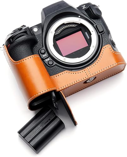 Hecho a mano de cuero auténtico medio cámara caso bolsa cubierta para Nikon Z8 color marrón arena