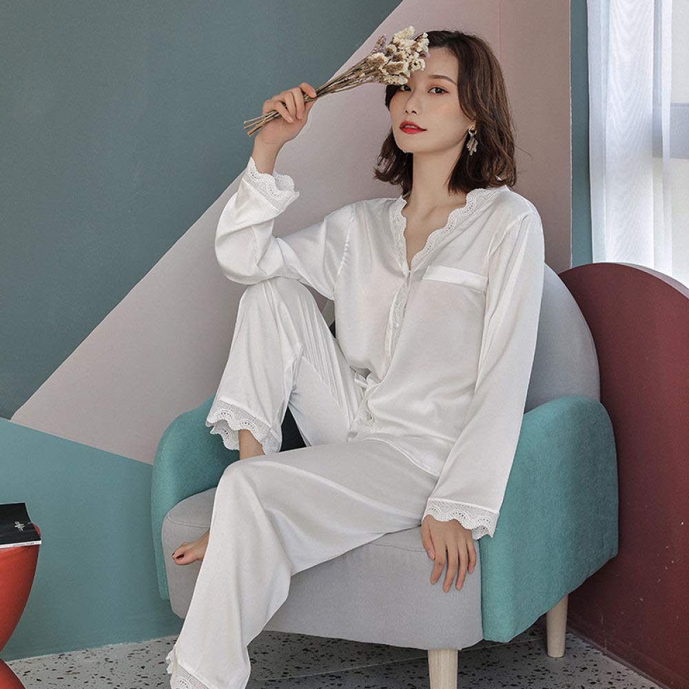 Pijamas De Mujer,Conjunto De Pijama De Seda Elegante De 2 Piezas Con Cuello En V De Satén,Manga Larga,Con Botones, Ropa De Dormir Fina Con Ribete De Encaje,Ropa De Salón De Color Puro Para Damas,Bl