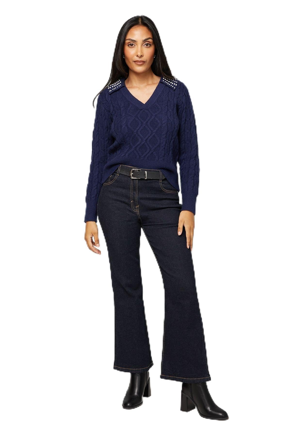 Wallis Petite Cable Embellished Polo Collar Jumper, M, Navy