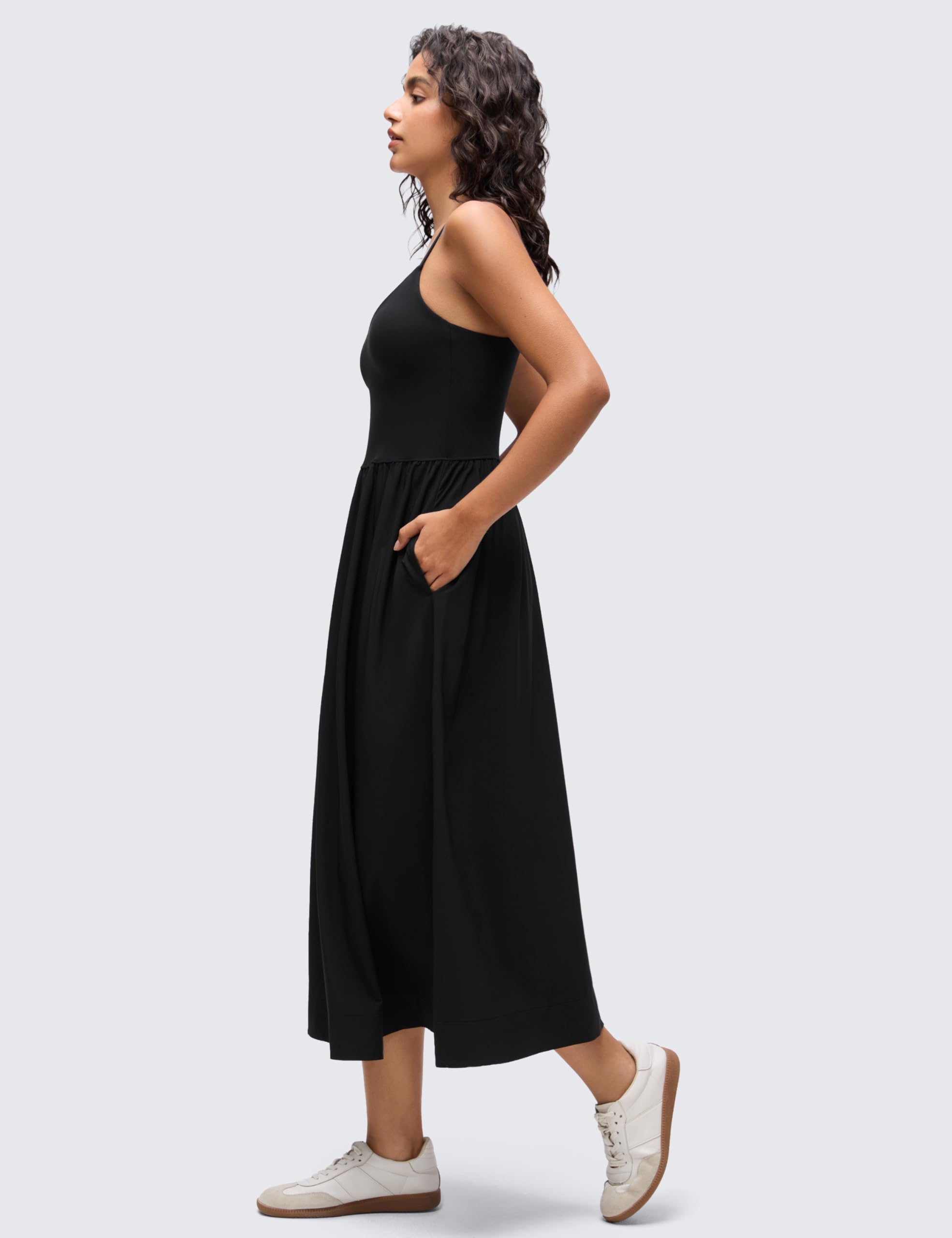 CRZ YOGA Scollo a V Maxi Casuale Abito Canottiera | Coppe Rimovibili, Linea Morbida, Tasche Laterali, Spalline Regolabili, Viaggiare, Senza Maniche, Outfit da Donna