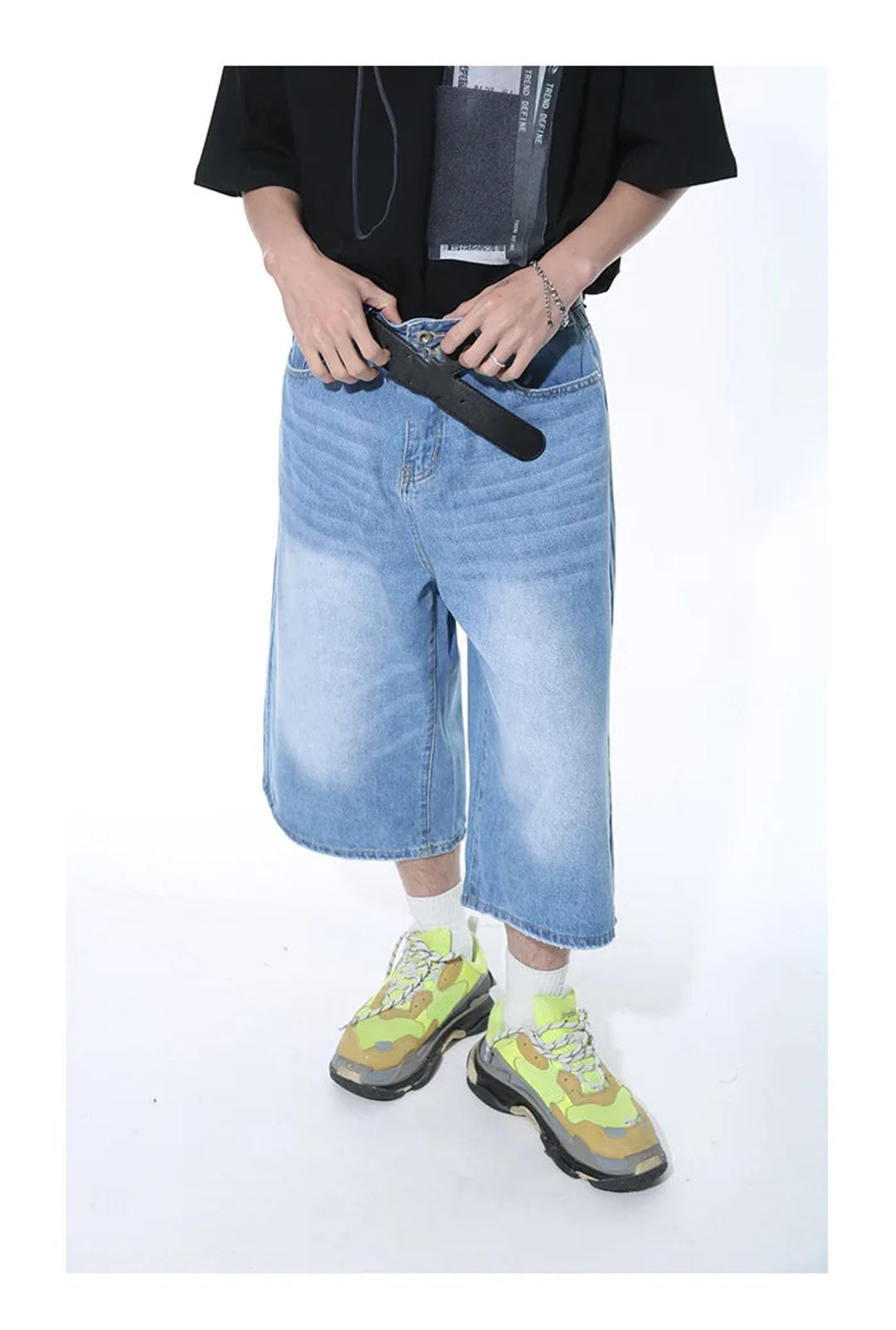 Damskie dżinsy retro unisex styl szerokie nogawki wysoka talia luźne krótkie spodenki, Jasnoniebieski, L