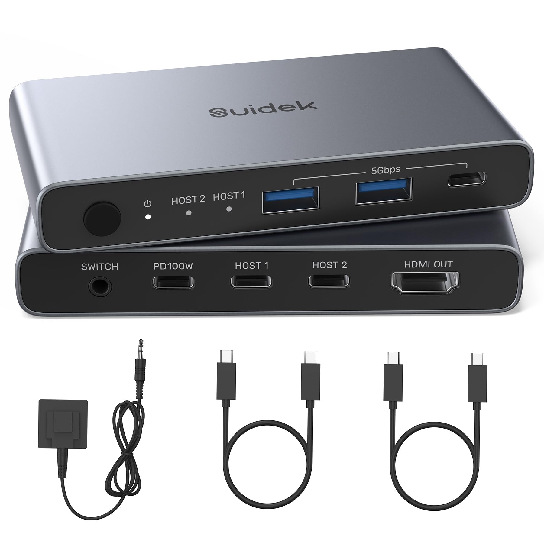 SUIDEK Przełącznik USB C KVM 2 w 1, wyjście 4K 60 Hz, aluminium z 3 portami USB 3.0, na 2 laptopy, 1 monitor, klawiaturę, mysz i drukarkę, z kablem USB/kontrolerem, obsługuje ładowanie do 100 W
