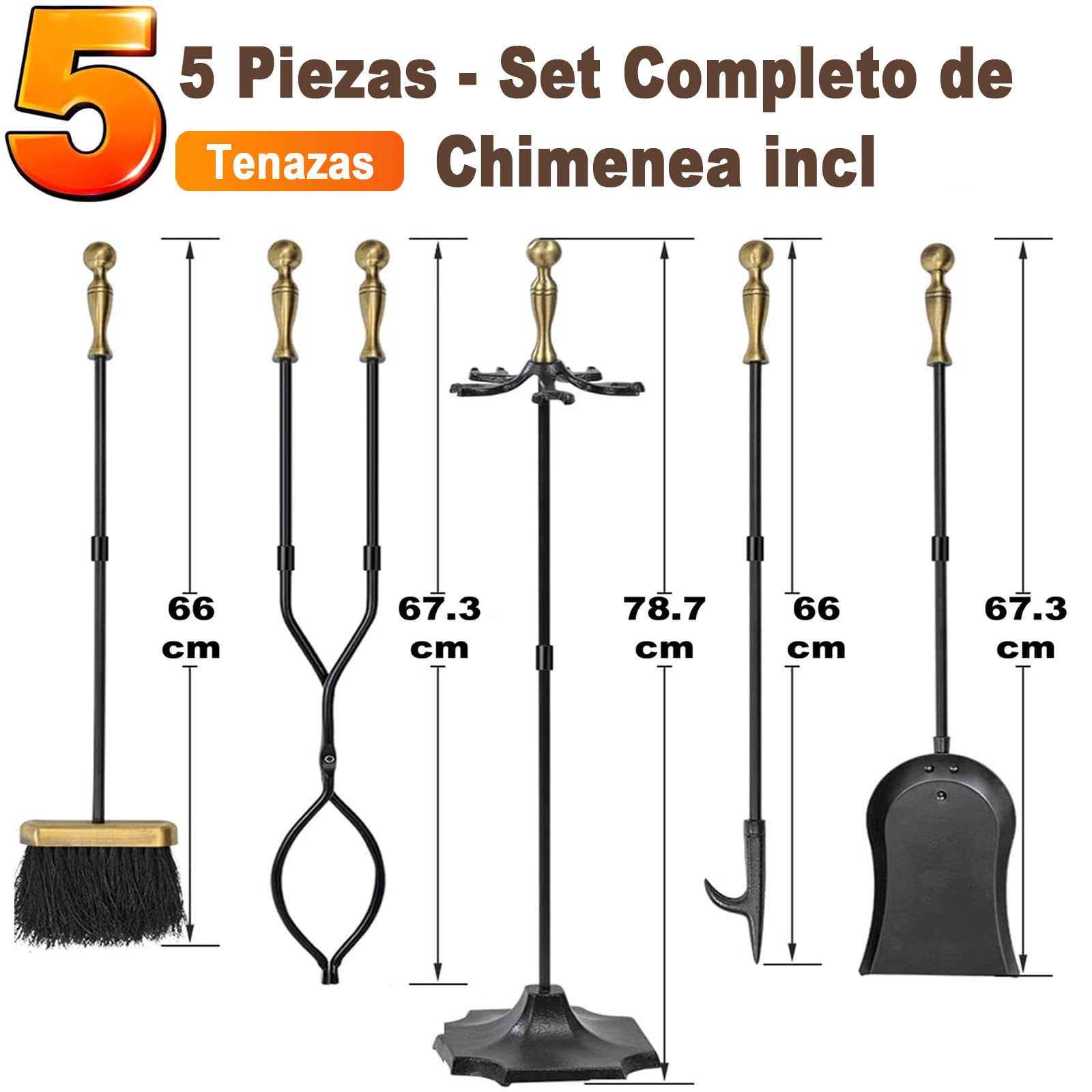 Amagabeli - Juego de 5 Herramientas para Chimenea de 26.5 Pulgadas (67.3 cm) con Asas de latón y Soporte de Hierro Forjado para Interiores y Exteriores, Soporte para fogatas, Pinzas, Pala, Cepillo,