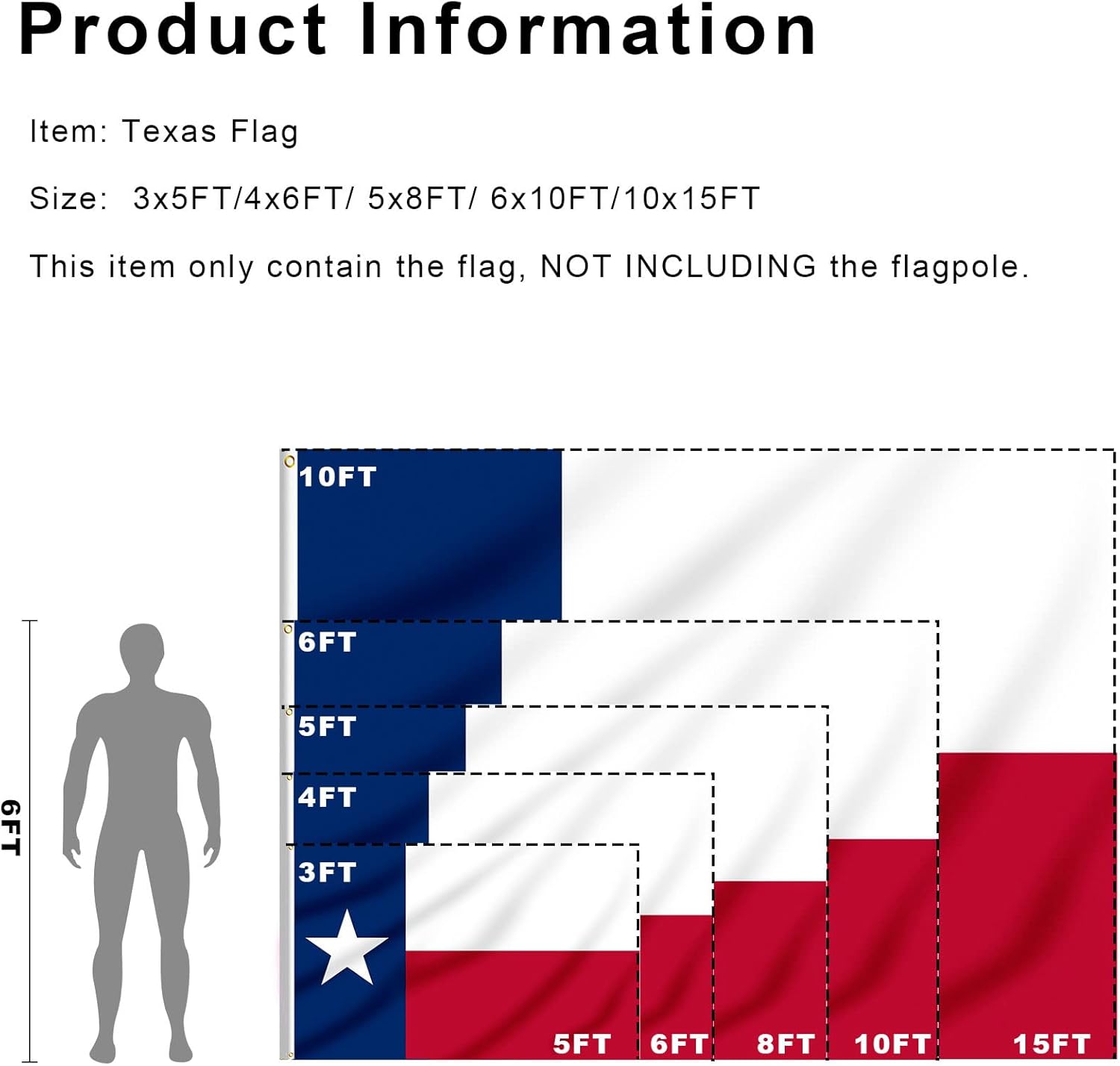 Texas Flag TX State Flag 10x15 FT, Lone Star Flag with Print Vivid Color and UV Fade Resistant, Canvas Header and Double Stitched,Light-weighted Flags with Brass Grommets（Single Layer)
