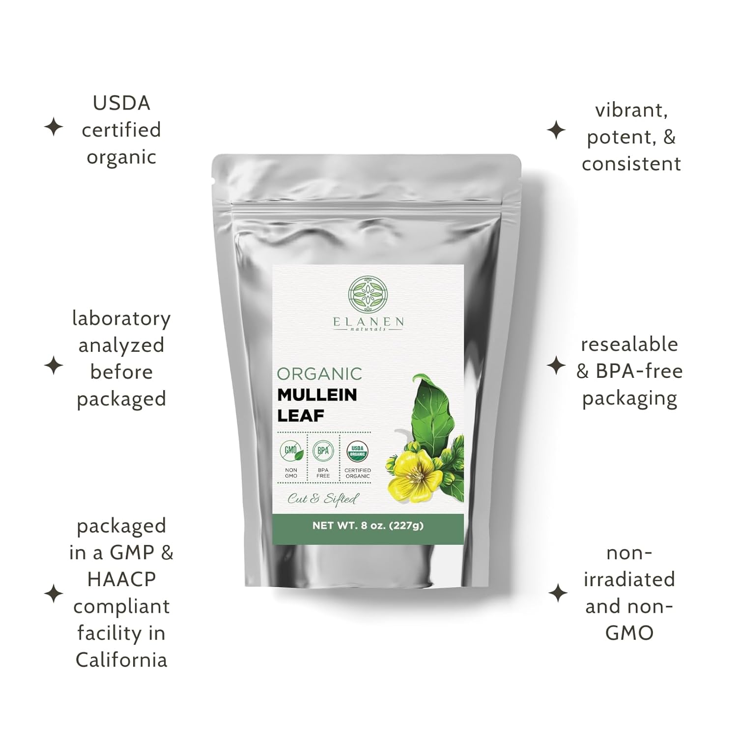 Elanen Naturals Organic Mullein Leaf 8 oz. (227g), USDA Certified Organic Mullein Leaf Tea, Mullen Leaves, Mullin Leaf Herb, Mullien Tea, Cut & Sifted