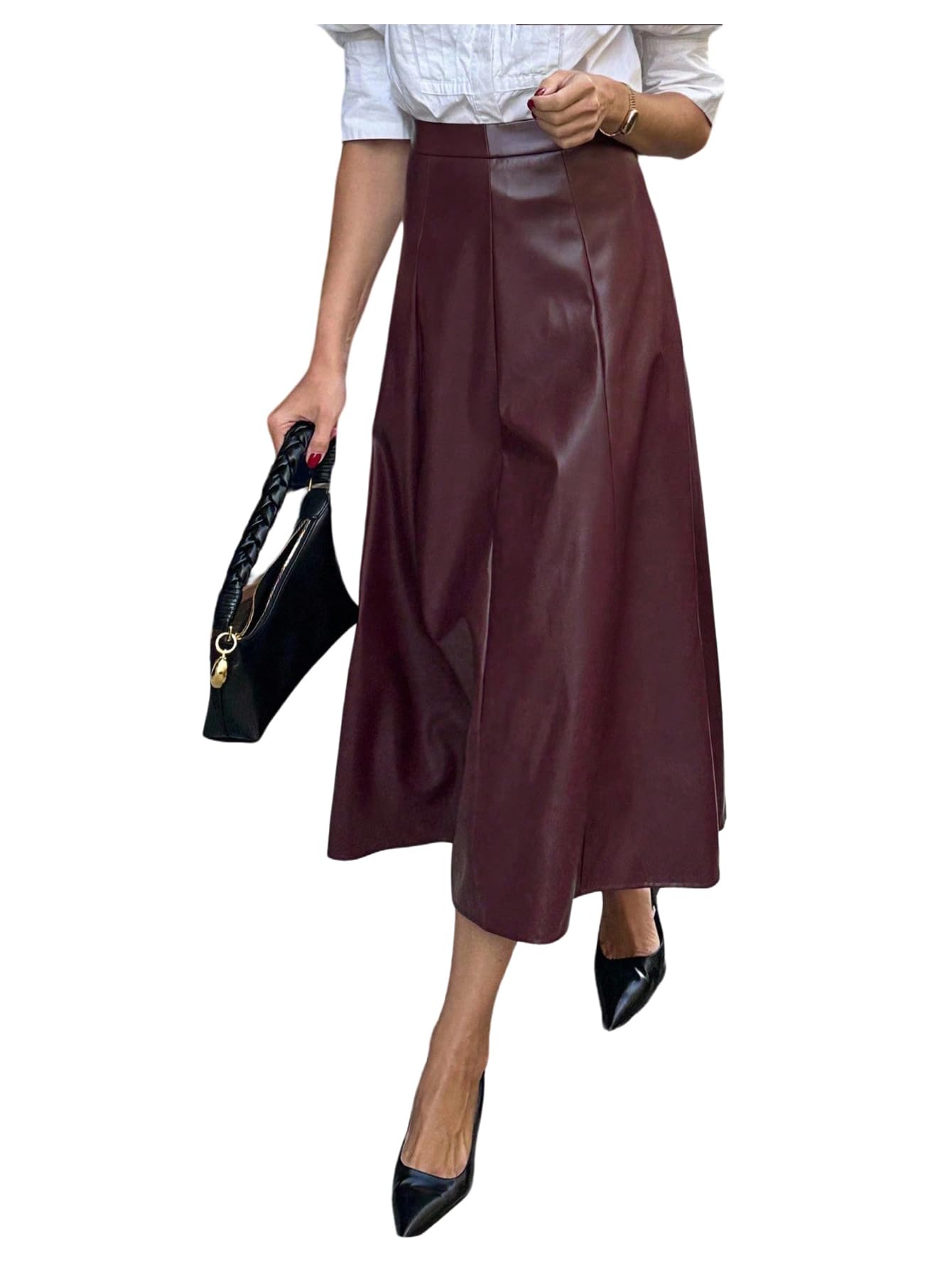 SHENHE Womens Faux Leather Long Skirt High Waist A Line Fall Elegant Business Casual Skirt