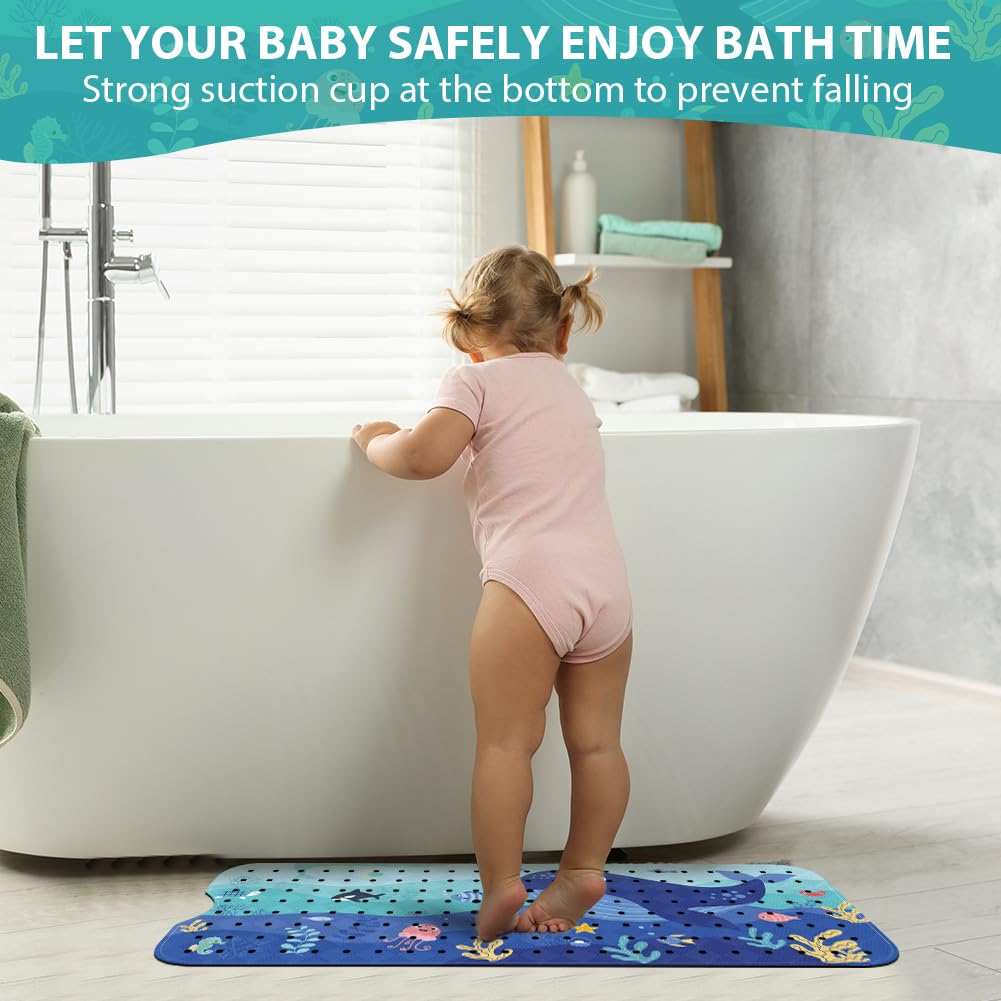 Aolso Tappetino da bagno per Bambini, 100x40cm Tappeto per Doccia con Due Ganci, Tappetino Antiscivolo Antimuffa per Vasca da Bagno e Doccia, Modello Animale Marino, con Ventose, Lavabile in Lavatrice