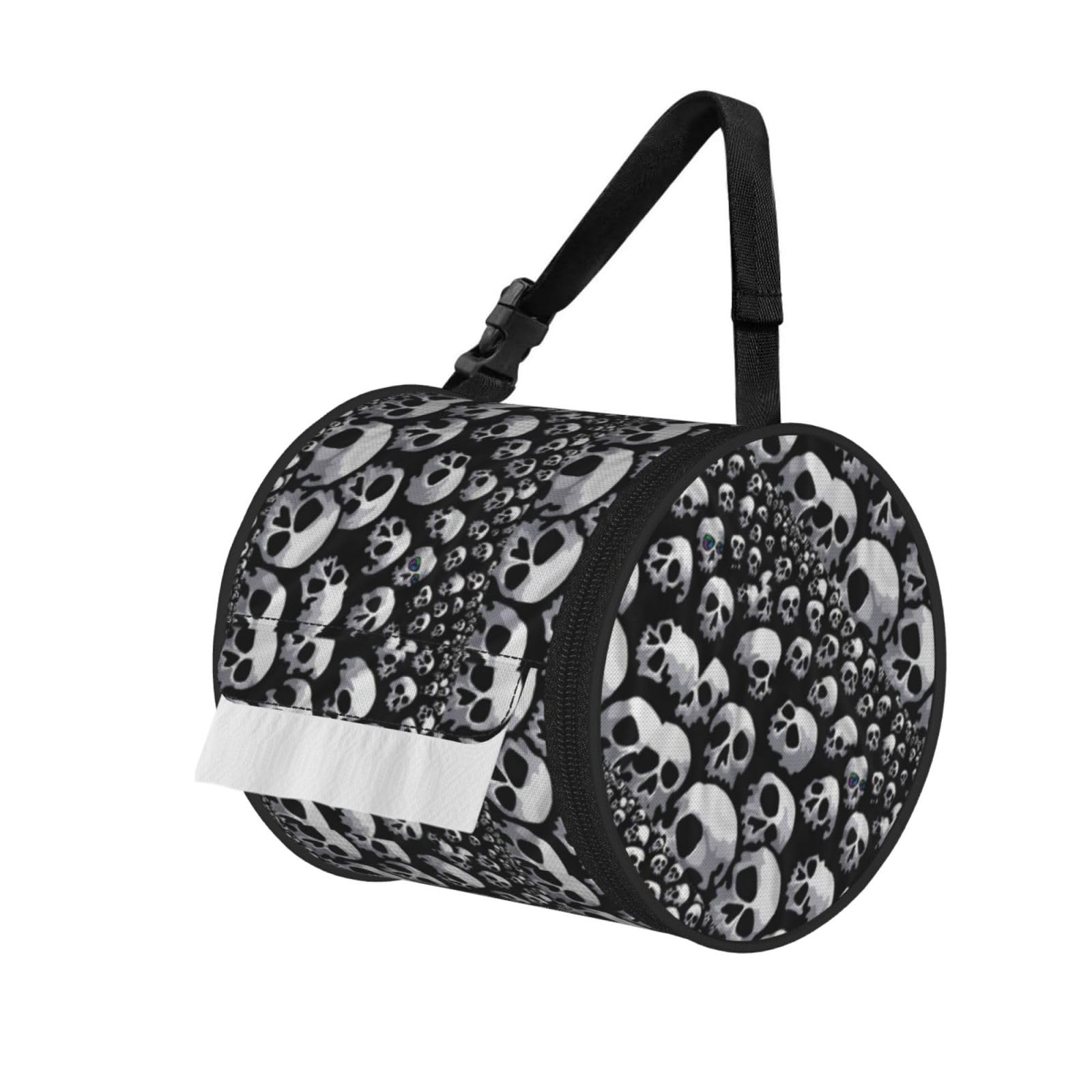Skull Printed Roll Paper Carrier Bag, Foldable Oxford Cloth Tissue Case for Camping Hiking Backpack