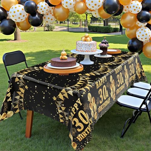 Image of Labeol 3 Pack 30th Birthday Tablecloth, Black and Gold Happy 30th Birthday Decorations, Disposable Plastic Rectangular Table Cover Party Supplies for Men Women