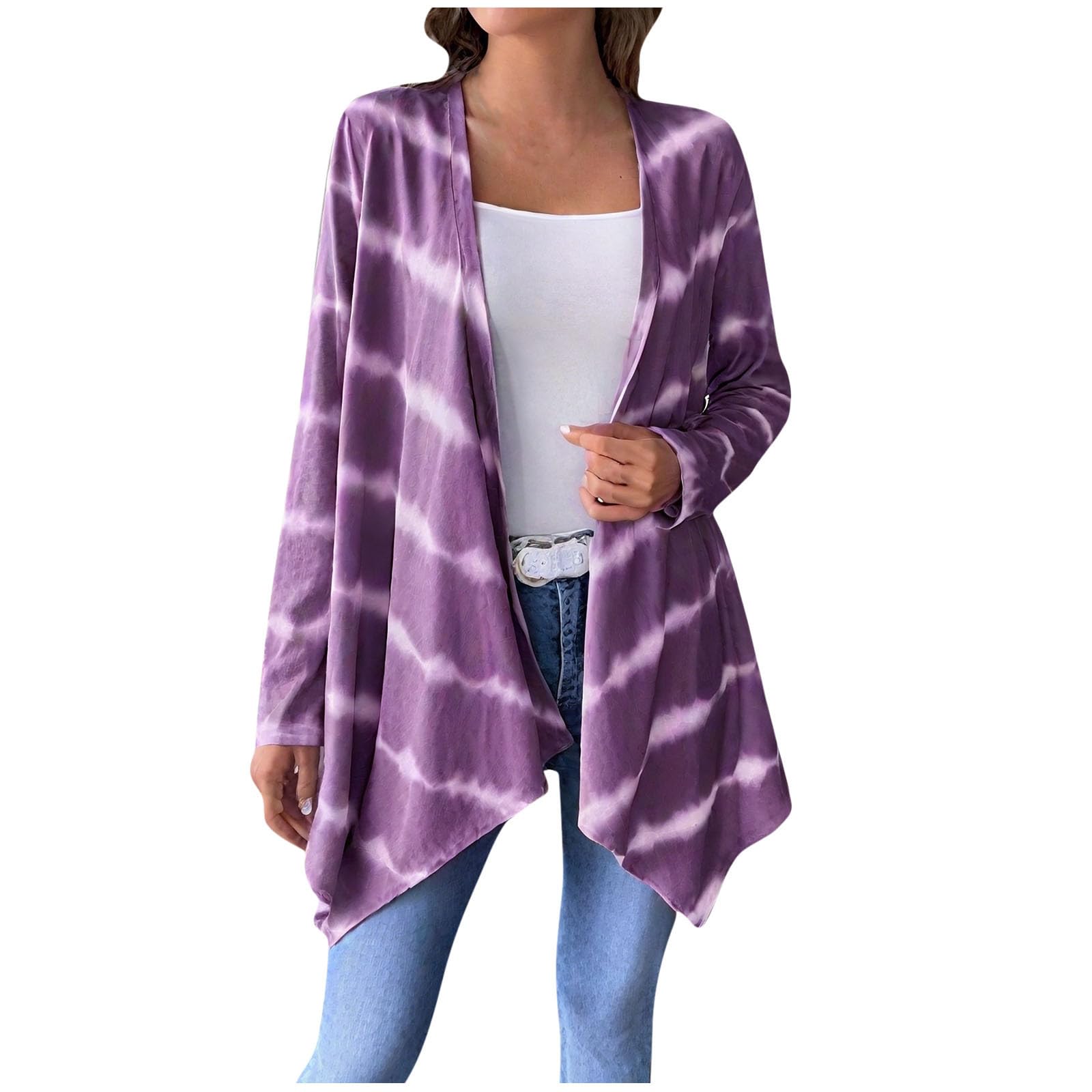 Womens Long Cardigan Fall Casual Draped Open Front Lightweight Duster Trendy Long Sleeve Tie-dye Cardigans