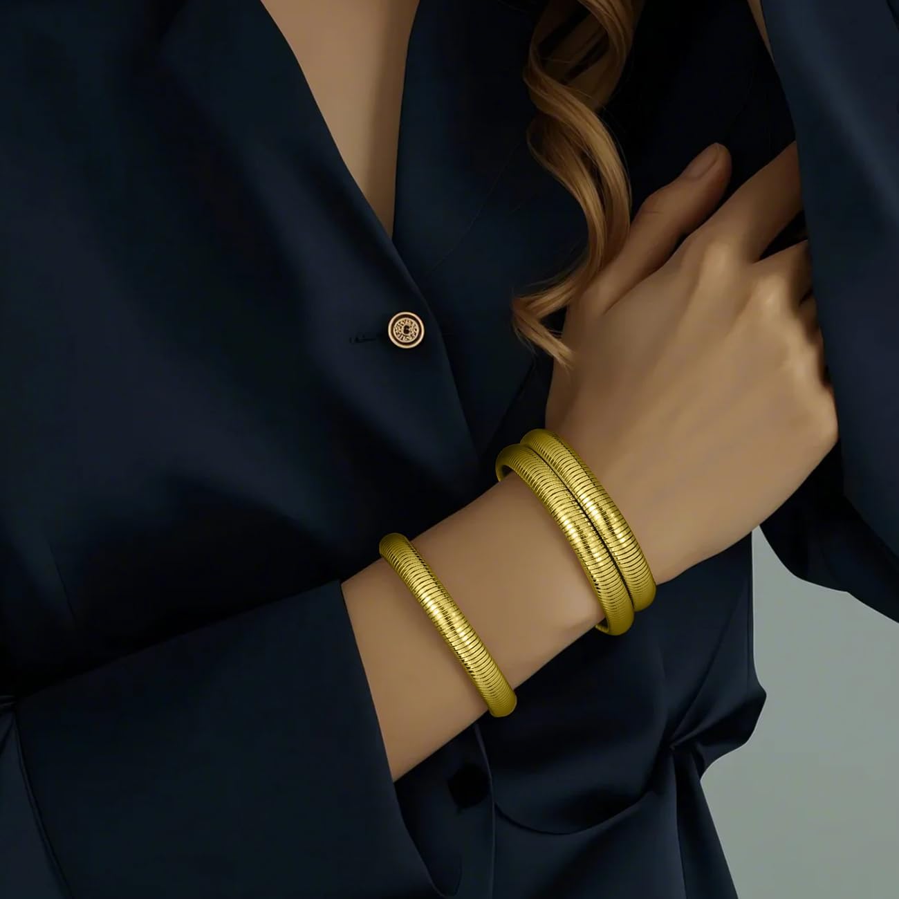 Emibele Gold Bangles Bracelet Set for Women, 18K Gold Plated Chunky Stainless Steel Non Tarnish Stretch Bracelet Stack, Flexible Wide Wristband Bangle Layered Snake Chain Bracelets - Image 5