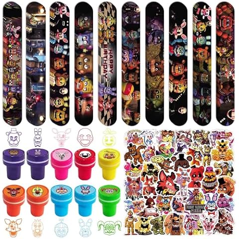 WOOACME Five Nights Birthday Decorations, Five Nights Party Supplies Include 30pcs Slap Bracelet, 10pcs Stampers and 50pcs Stickers Cover