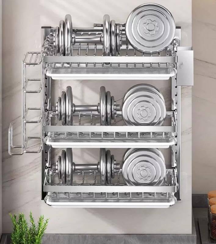 Escurridor de platos montado en la pared con bandeja de goteo extraíble de acero inoxidable para colgar, plegable, en portavasos, escurridor de platos de cocina, estantes colgantes
