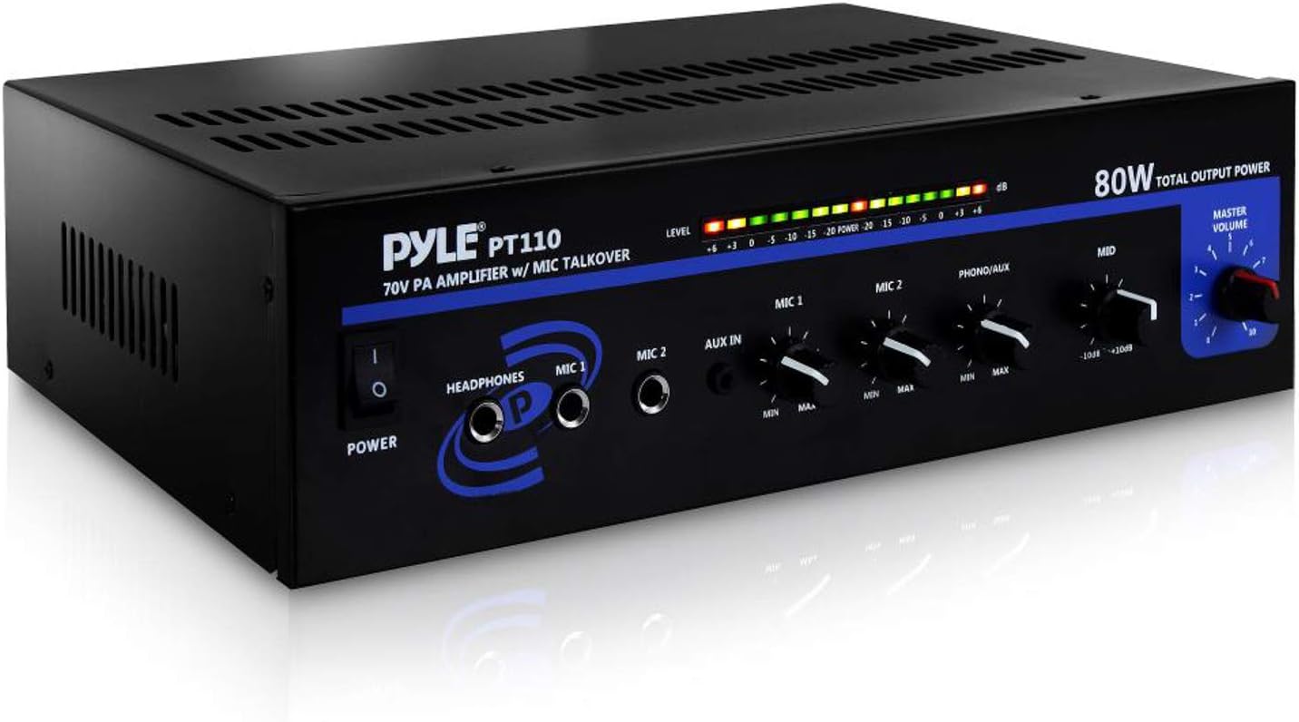 Compact Mono Public Address Amplifier - Professional 80 Watt Peak 70v PA Amplifier for Restaurants or Commercial Applications, 2 Mic Inputs With Independent Volume Control, Headphone In - PT110