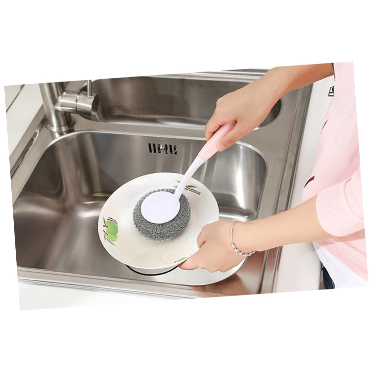 Ipetboom Pink Handle Wire Brush Scrubber for Pot Dish Cleaning Non Slip Gripping Kitchen Tool Efficient Ball Brush for Dishes Bowls Pans Easy to Use Ergonomic Design