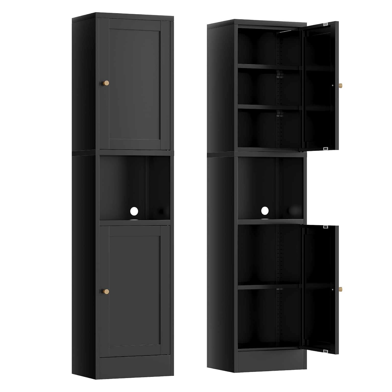 67" Tall Narrow Storage Cabinet with Doors and Open Shelf,Metal Pantry Cabinet,Shaker Style Slim Cabinet with Adjustable Shelves,for Bathroom Kitchen Laundry Small Spaces, Black, 1Pc