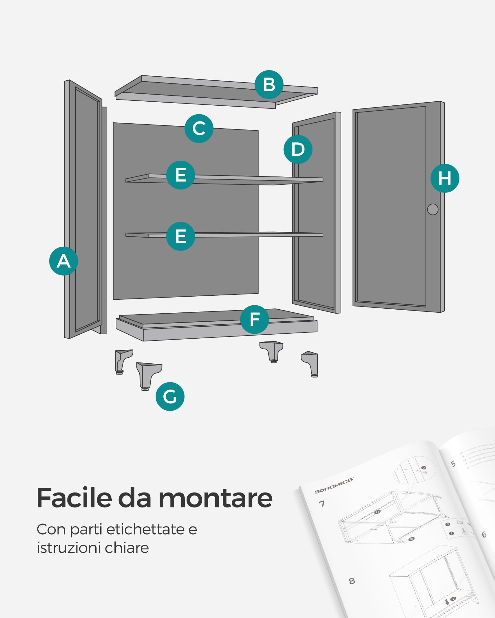 SONGMICS Armadietto in Metallo, Mobiletto Multiuso, Armadio a 2 Ante da Ufficio, Mobile con Serratura, in Acciaio, per Studio Soggiorno, Grigio Opaco OMC013G01