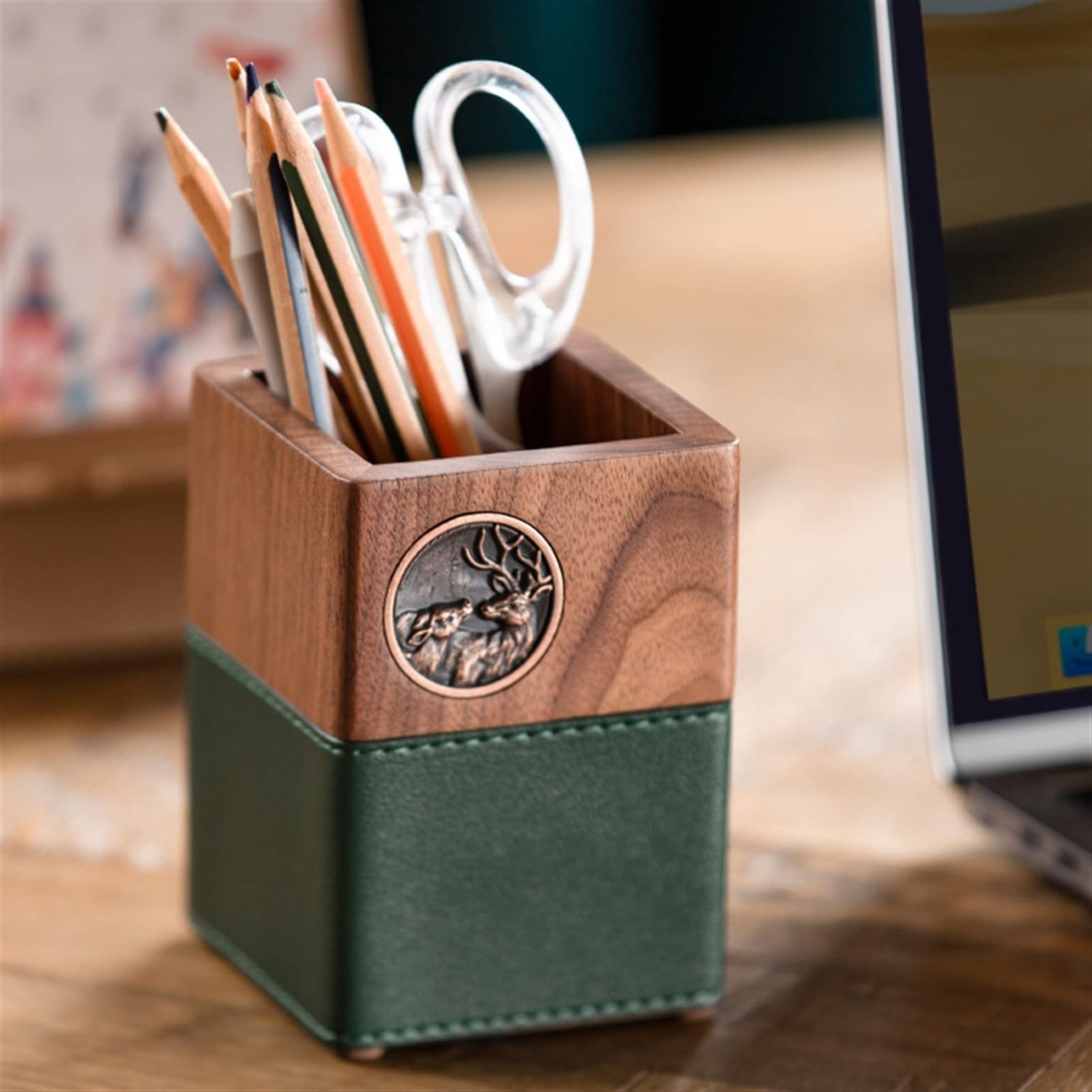 Stifthalter für den Schreibtisch, Stiftehalter aus schwarzem Walnussholz, PU-Leder, 7,9 x, 10, cm, Schreibwaren-Organizer