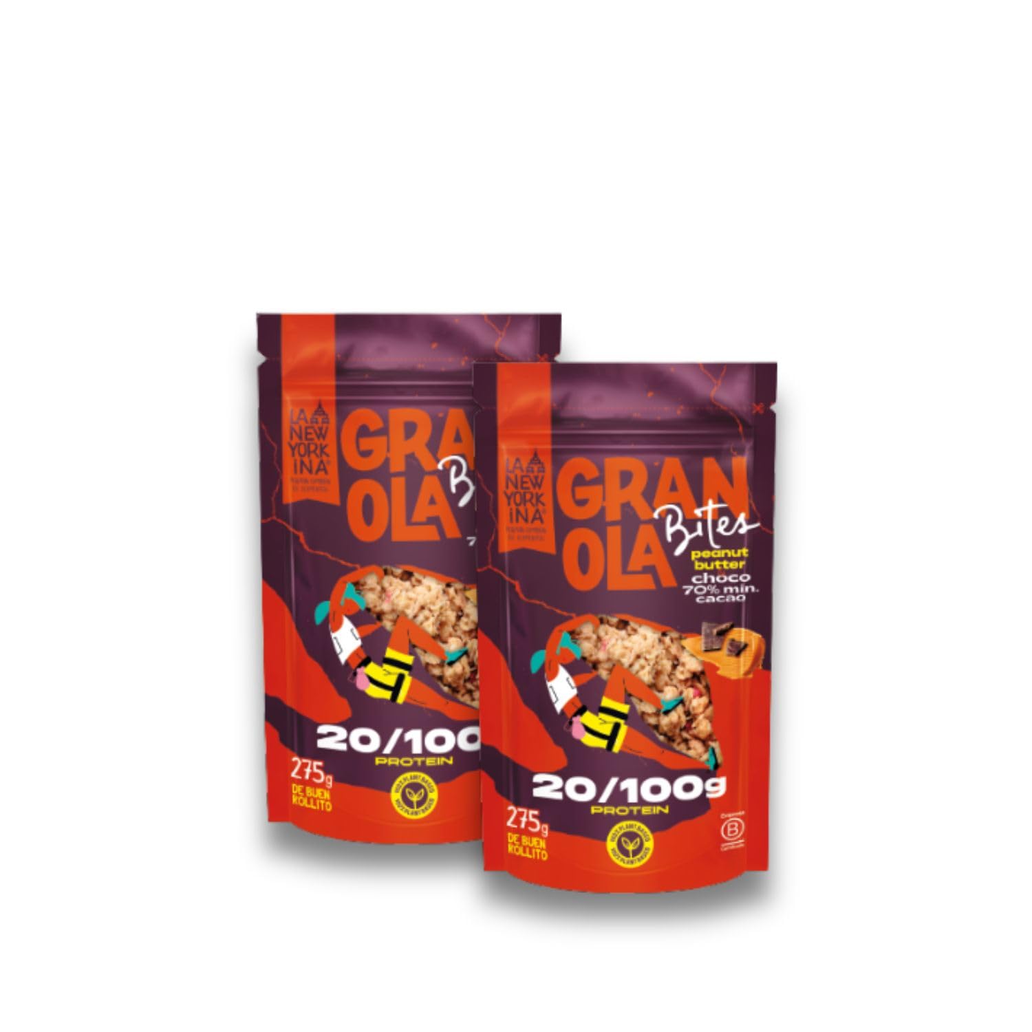 LA NEWYORKINA BITES Pack 2 Granola Peanut Butter Chocolate con avena y crema de cacahuete. Con mucho chocolate con un mínimo del 70% de cacao. Envase de 275gr