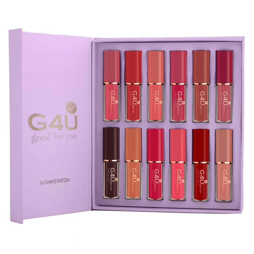 G4U 12Pcs Velvet Matte Liquid Lipstick Set, Waterproof Long Lasting Quick-drying Non-Stick Cup Nude Lip Stain Kit, Up to 24H Wear, Professional Lip Makeup Gift Kit for Women (SET A)