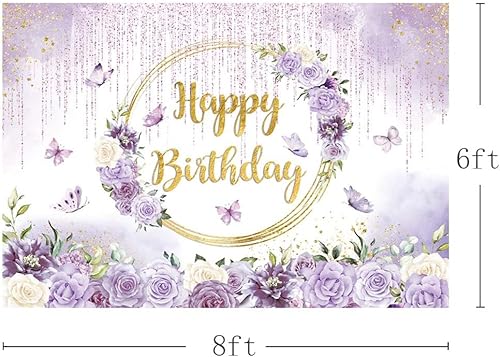 Miniatura 3 de MEHOFOND Telón de fondo floral morado de primavera de 8 x 6 pies para niña violeta goteando purpurina cumpleaños fotografía fondo princesa fiesta