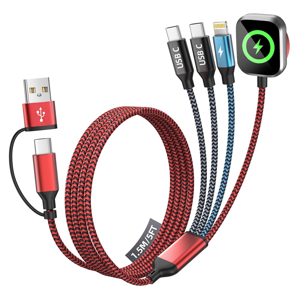 Cavo USB C 4 in 2 aggiornato per Apple Watch, caricabatterie 2 tipo C/Lightning, cavo di ricarica multiplo, essenziale da viaggio portatile progettato per iWatch Ultra/SE/10-1 e iPhone 16-12-5FT