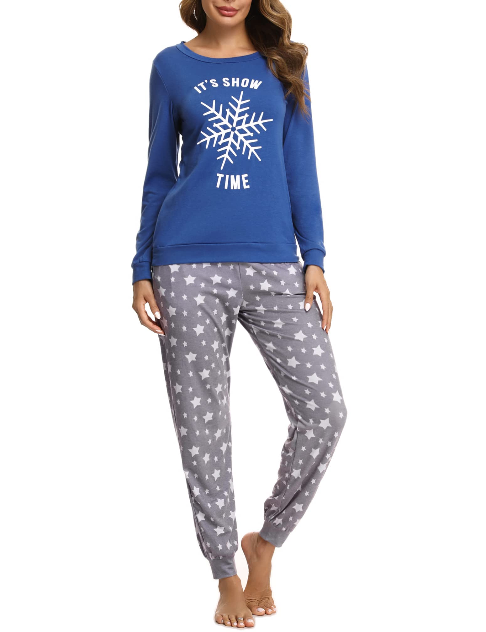 Bresdk Schlafanzug Damen Lang Winter Baumwolle Süße Schneeflocken-Muster Pyjama Nachtwäsche für Damen