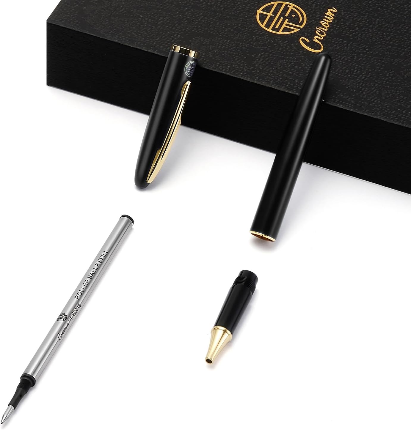 Luxury Gold Rollerball Pen, 24K gold-plated exquisite pen body, stylish and simple design, two ink refills, gift set for men and women, executive writing, office, graduation gift (Black)