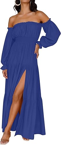 ZESICA - Vestido largo, bohemio y sexy, con hombros descubiertos y manga larga fruncida, con elástico fruncido, cintura alta y abertura lateral,