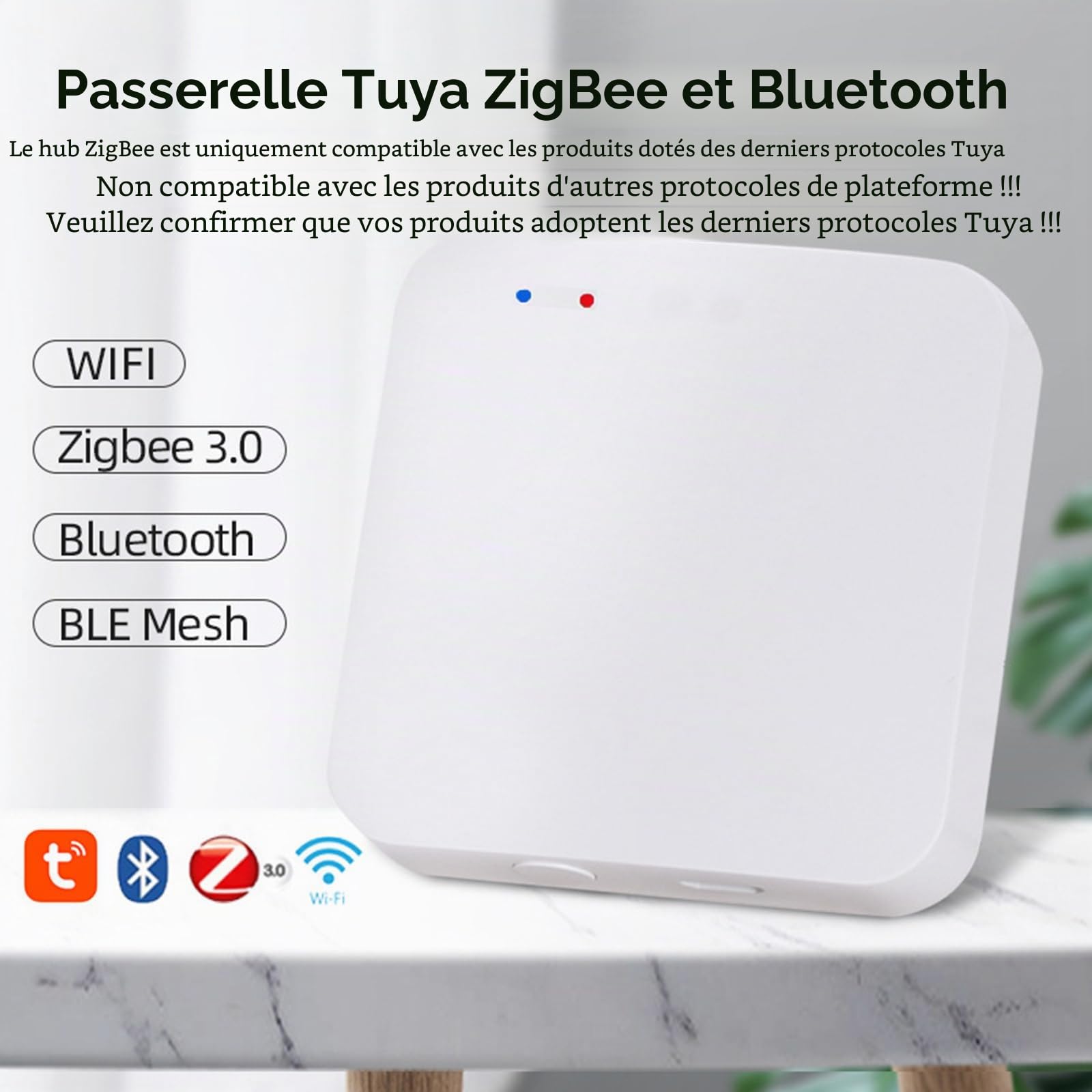 Passerelle ZigBee et Hub Bluetooth, 2en1 Passerelle ZigBee sans fil avec contrôle à distance par APP, Pont WiFi Bluetooth pour le contrôle d’automatisation domestique,Passerelle Tuya compatible Alexa