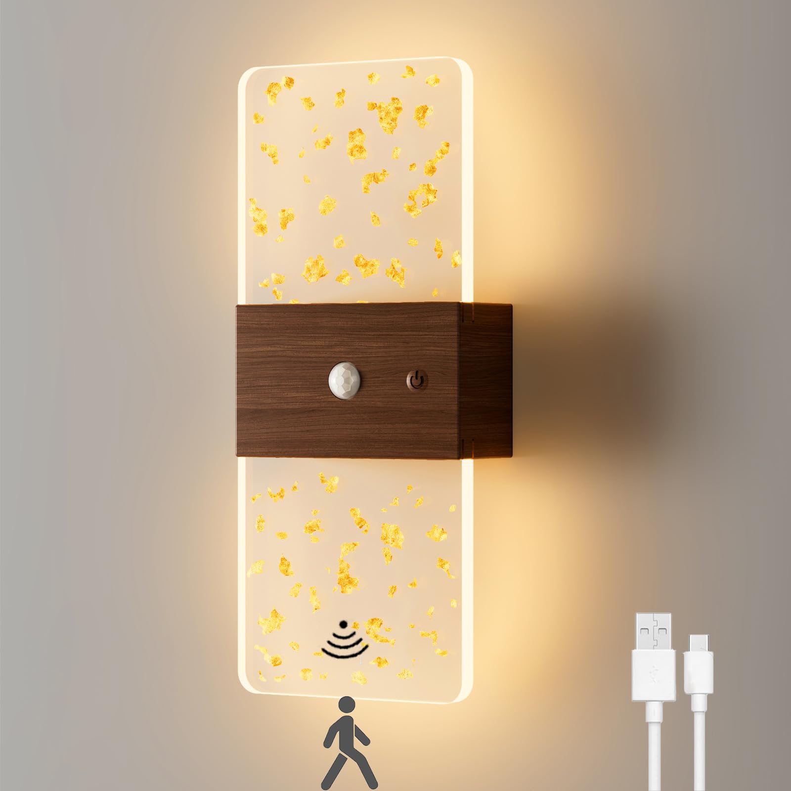 OOWOKS Lámpara de pared LED moderna con sensor de movimiento, regulable en interiores, Aplique acrílico con interruptor, sin conexión eléctrica, luz nocturna recargable por USB con imán, 1200 mAh,A