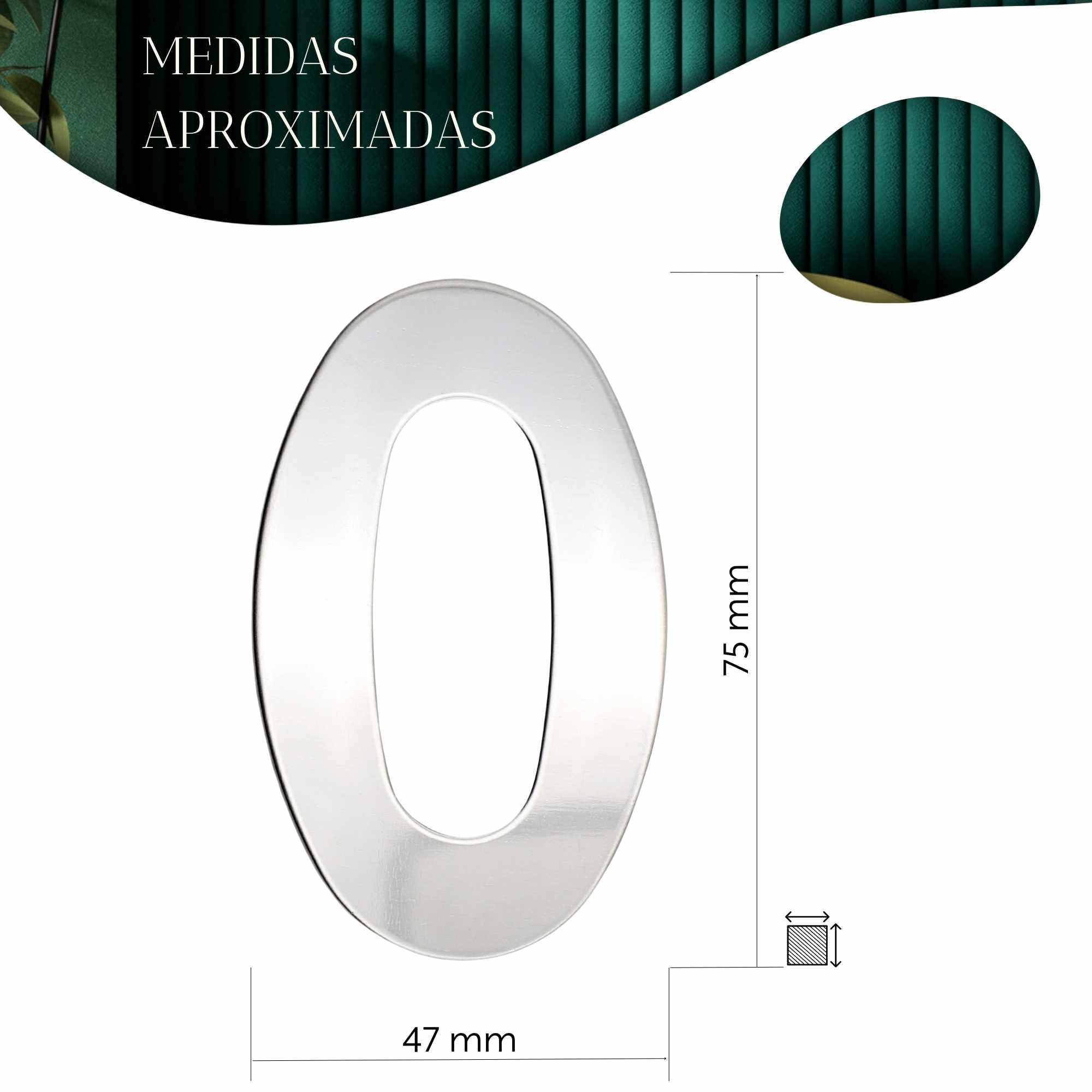 TECHZOCO Numero 0 casa, Número Cero hogar, Número 0 para puerta, Número para pared, Número 0 buzón, Acero inoxidable 304, 75 mm alto x 47 mm ancho, Adhesivo, Plateado