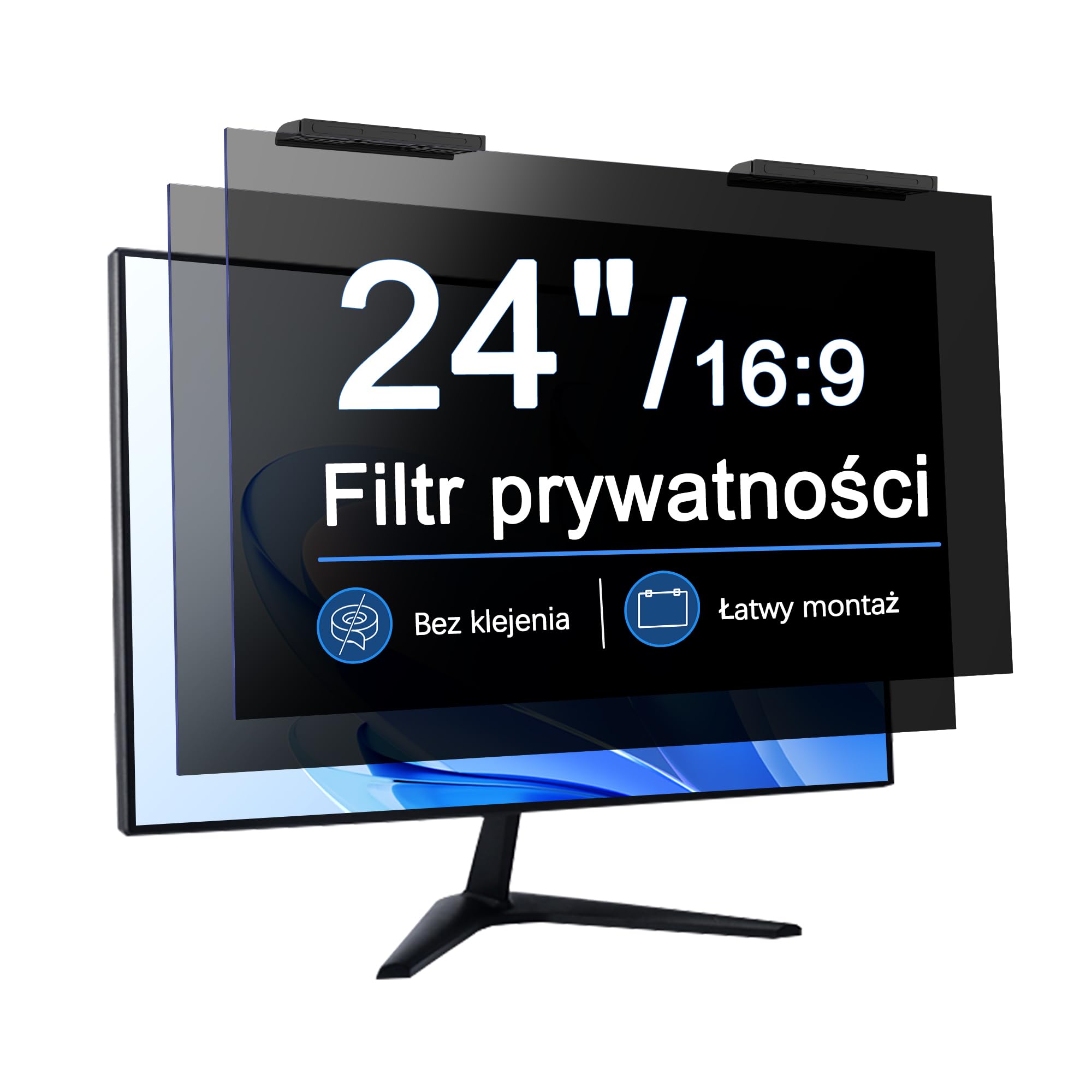 Filtr Prywatności do Monitora 24 Cali 16:9, 2 Sztuki, Zdejmowana Folia Antyodblaskowa, Ochrona przed Niebieskim Światłem, Kompatybilna z HP, Lenovo, Dell, Samsung, Asus