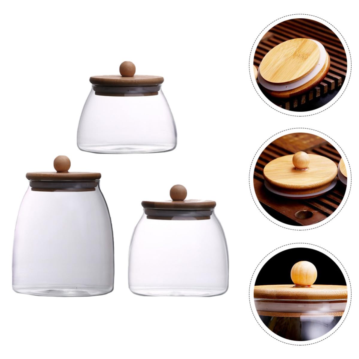 Tarros de Almacenamiento para Alimentos con Tapa Transparente, Vidrio y Madera, Juego de 3 Piezas, Fácil Limpieza y Diseño Práctico para Cocina y Despensa