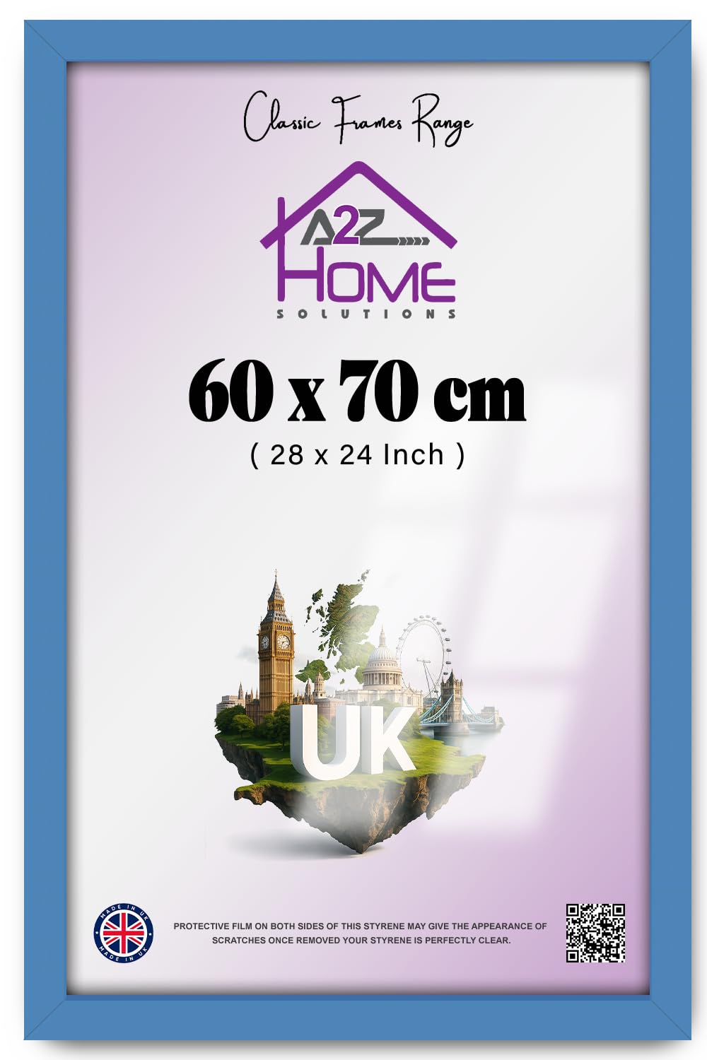 A2Z 60x70cm (28x24 inch) Poster & Picture Frame, Portrait & Landscape Wall Display, Solid MDF Wood with Perspex & Hanging Clips – Living Room, Bedroom Décor, Blue