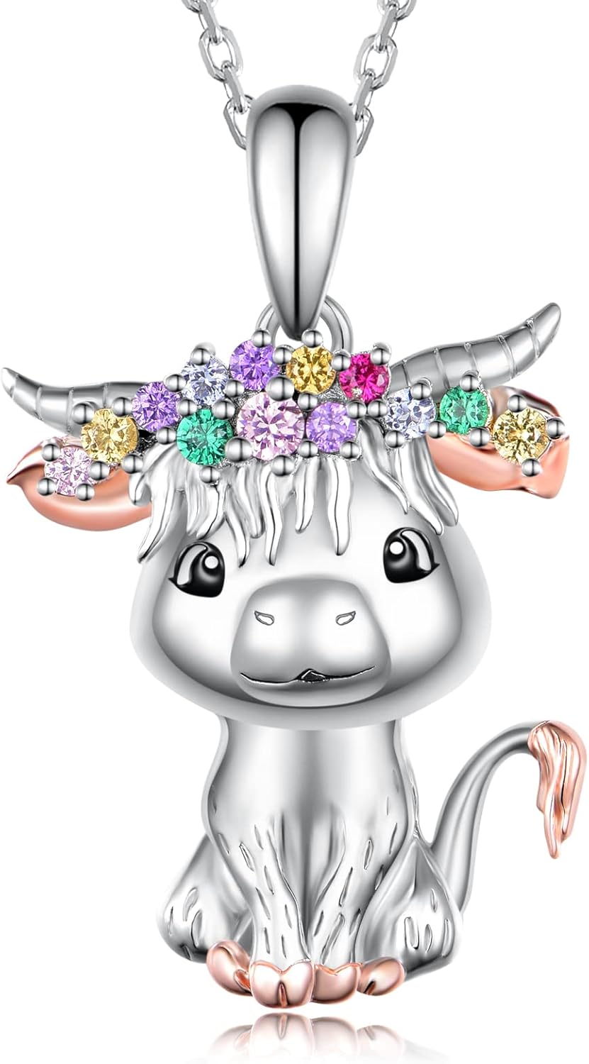 Highland Cow/Axolotl/Goat/Panda/Giraffe/Raccoon Necklace 925 Sterling Silver Animal Pendant Necklace with Colored Zircon Animal Jewelry Gift for Girls Women Daughter