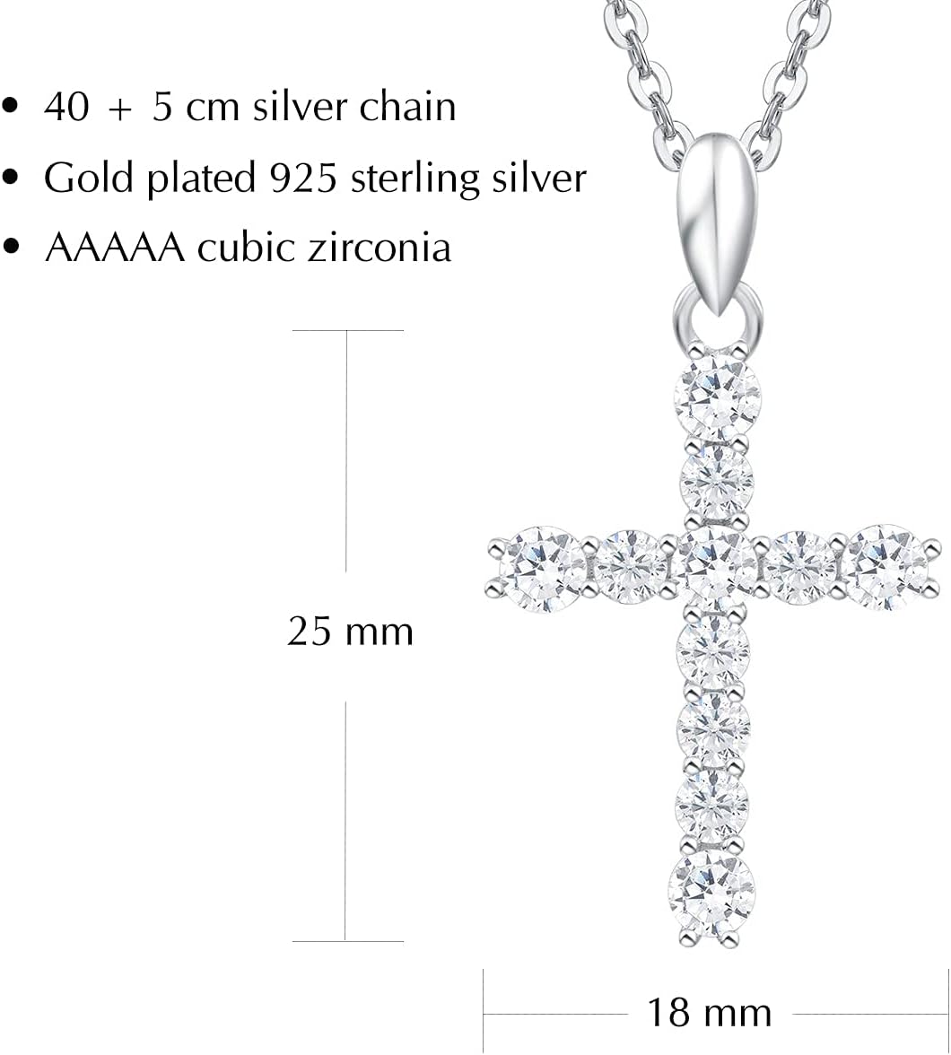 Carleen Cross Necklace For Women Yellow Gold Plated Sterling Silver Cubic Zirconia CZ Simulated Diamond Cross Crucifix Pendant Necklace Jewelry Easter Gift for Women, 18" Silver Chain Nice Gifts Jewelry Box - Image 7