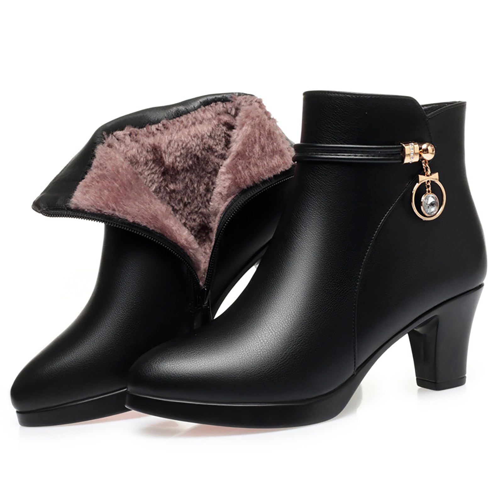 hdfdb Women'S Leather Mid Block Heel Ankle Boots Fashion Rhinestones Buckle Decor Comfort Warm Fur Lined Side Zipper Chunky Heels Snow Boots-picture-42