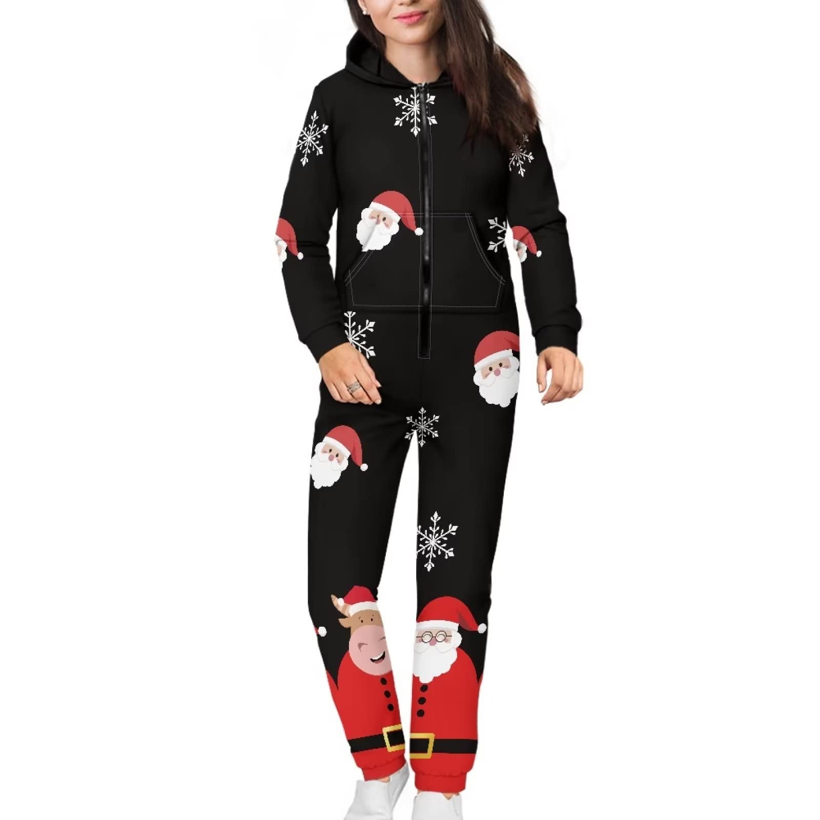 Conjunto de pijama unisex para mujeres y hombres, de manga larga con capucha y bolsillos con cremallera, Papá Noel de vaca navideña, L