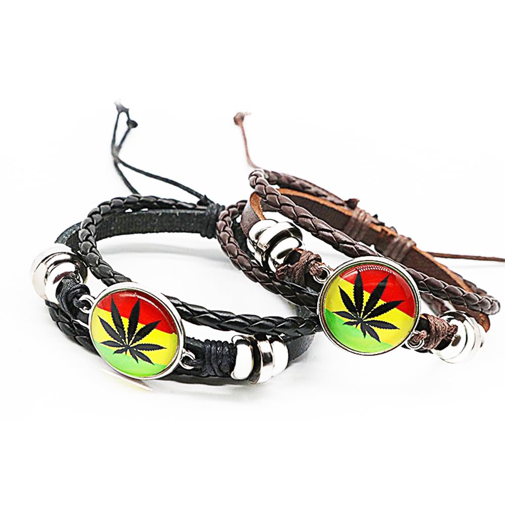 Yooce 420 Leaf Leather Wristbands Bracelet, 2 Pcs