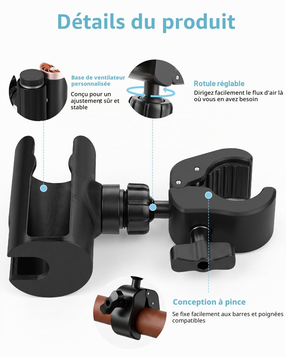 BoomBa Ventilateur portable avec pince pour Shark ChillPill - Ventilateur de refroidissement personnel 3-en-1 - Support réglable pour poussettes, vélos, chariots de golf, équipement de gym et plus