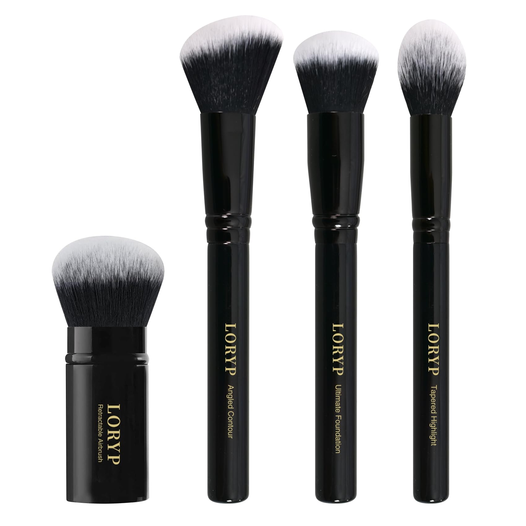 LORYP 4 Pcs Full Face Professional Makeup Brushes Set with Retractable Kabuki Airbrush For Powder,Liquid,Cream,Angled Blush Brush, Foundation Brush, Tapered Highlight Brush