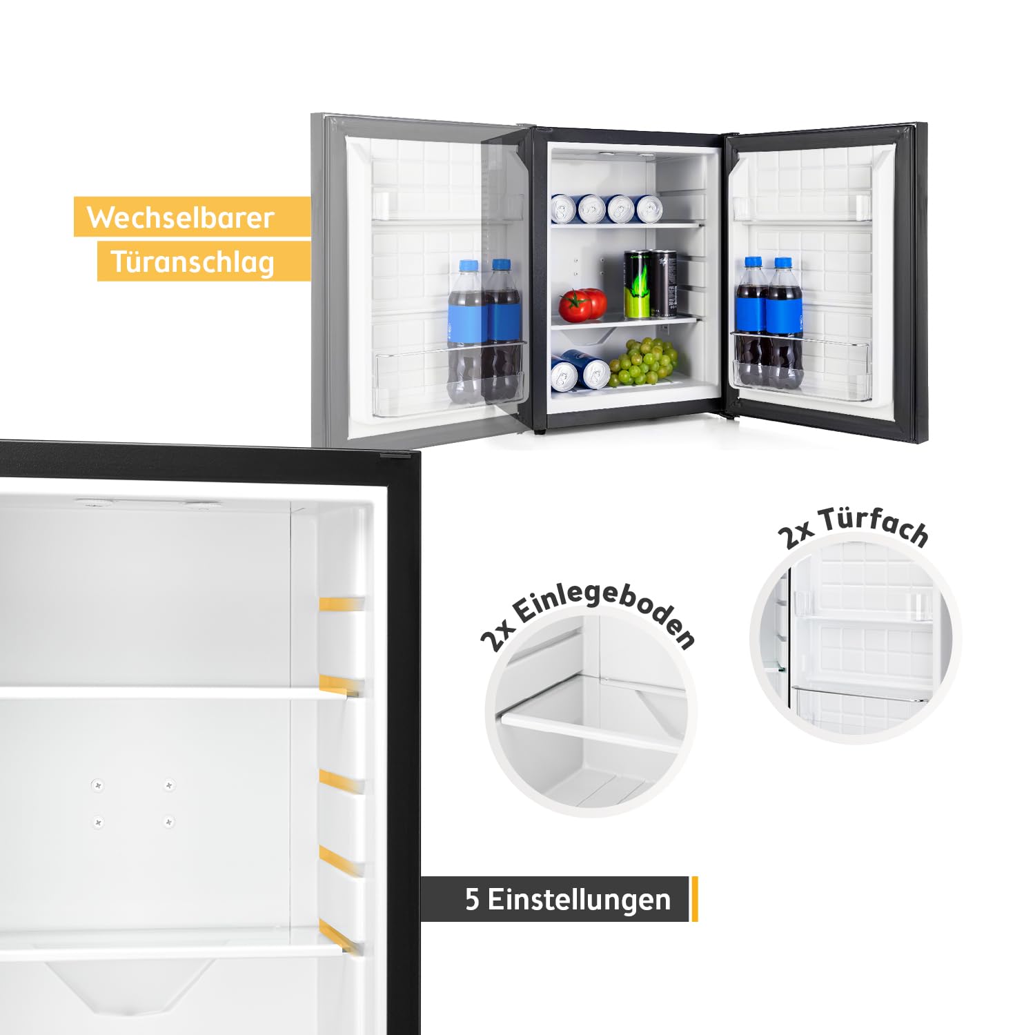TZS First Austria - Mini Kühlschrank 40L lautlos - Kleiner Minikühlschrank wechselbarer Türanschlag & Innenbeleuchtung - Minibar für Camping, Büro, Schlafzimmer & Hotel - Glasfront
