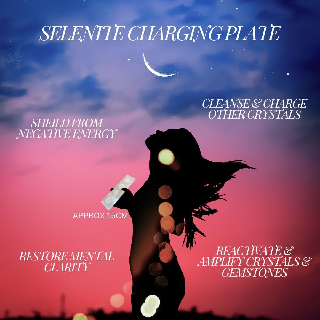 Natural Selenite Wand Charging Plate | Thick Crystal Bar for Healing, Spells, Chakra Cleanse. Etched Mandala Design